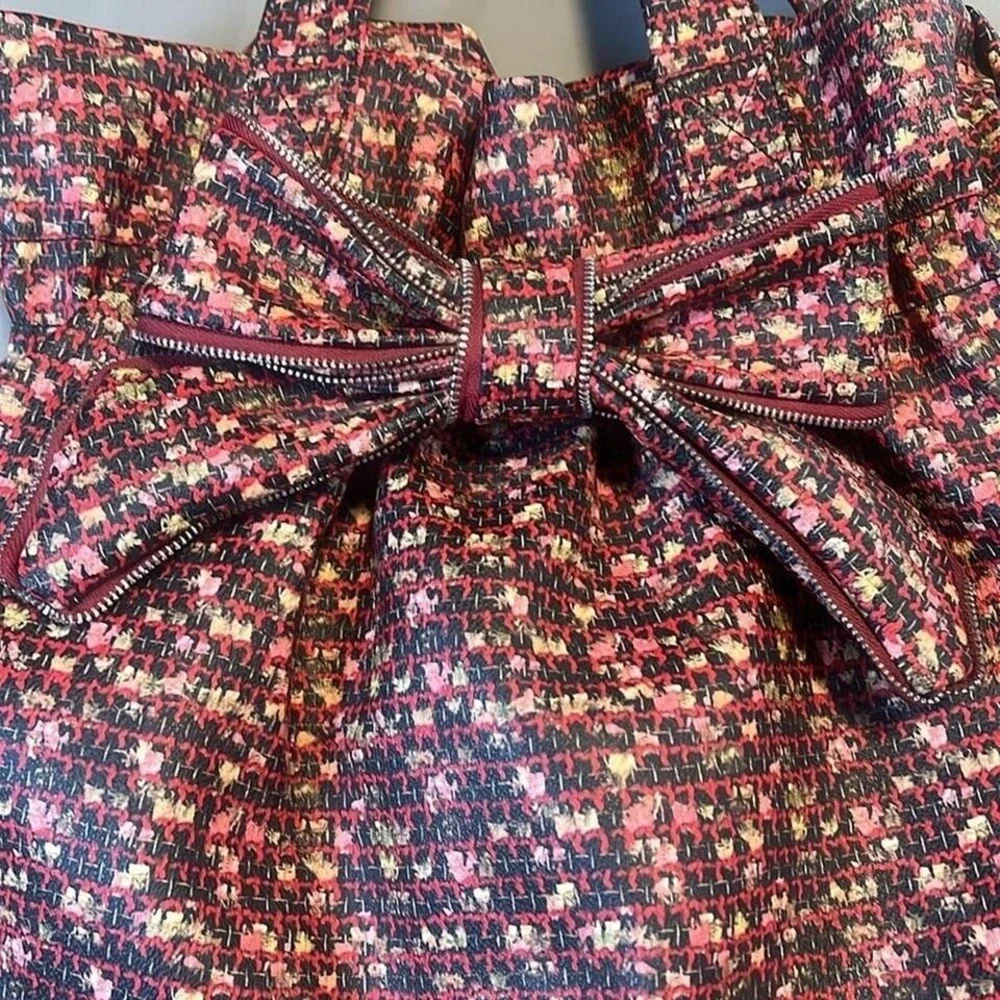 Thea B. Tweed Bow Tote Bag Womens Large Burgundy Pink Zipper Romantic Girly